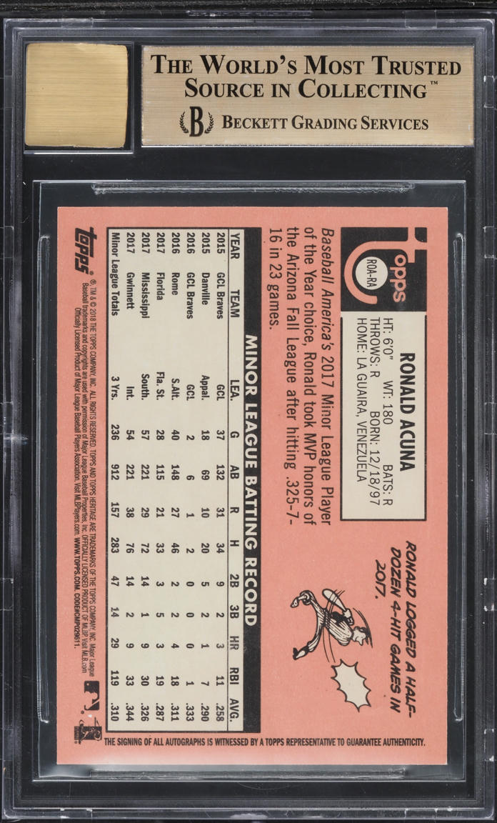 2018 Topps Heritage Real One Red Ink Ronald Acuna ROOKIE AUTO /69 BGS 9.5 GEM