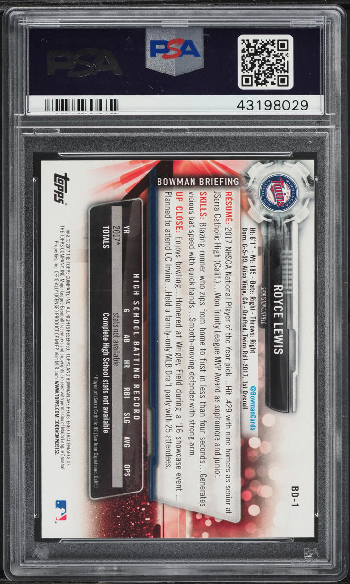2017 Bowman Draft Batting Royce Lewis ROOKIE #BD-1 PSA 10 GEM MINT