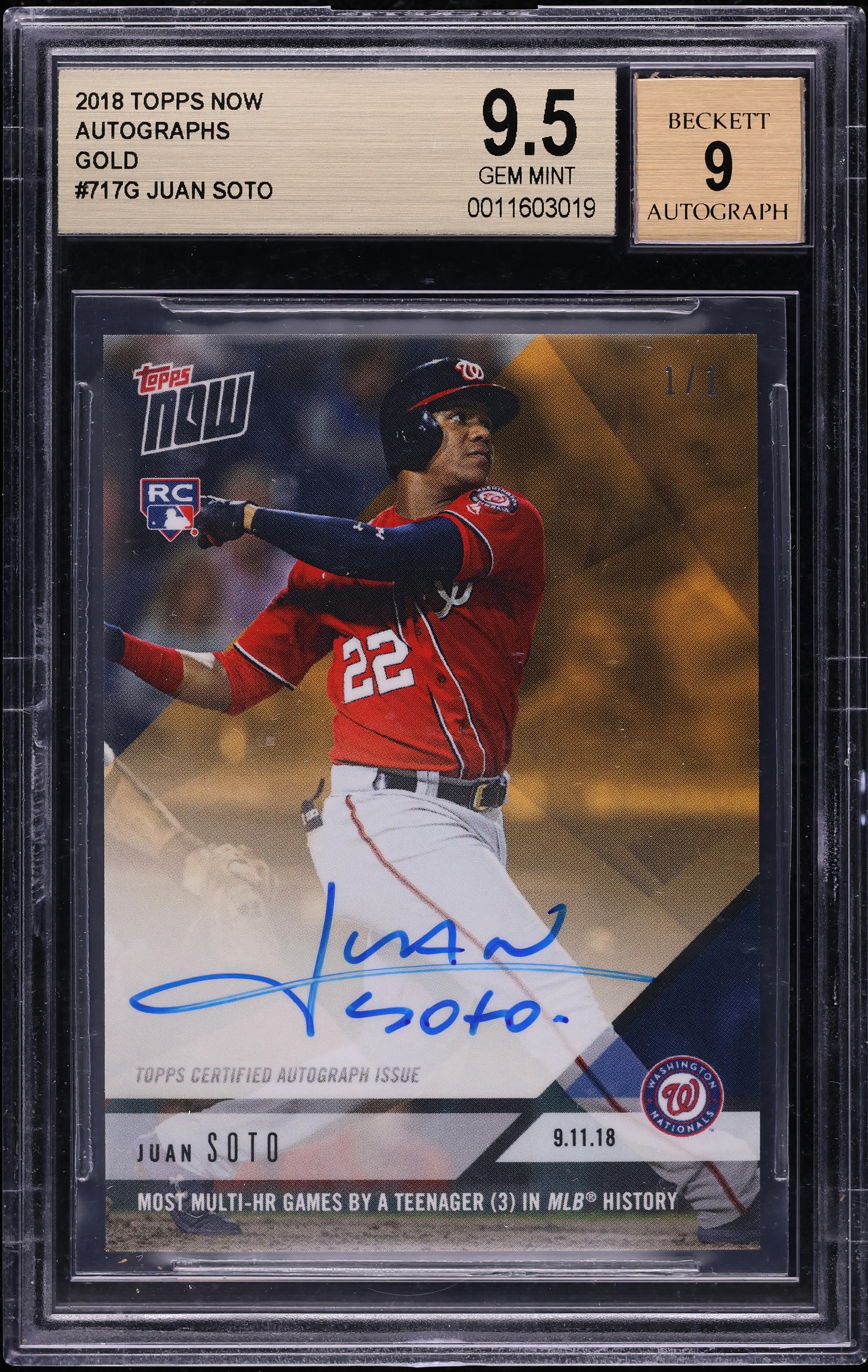 2018 Topps Now Gold Juan Soto ROOKIE AUTO 1/1 #717G BGS 9.5 GEM
