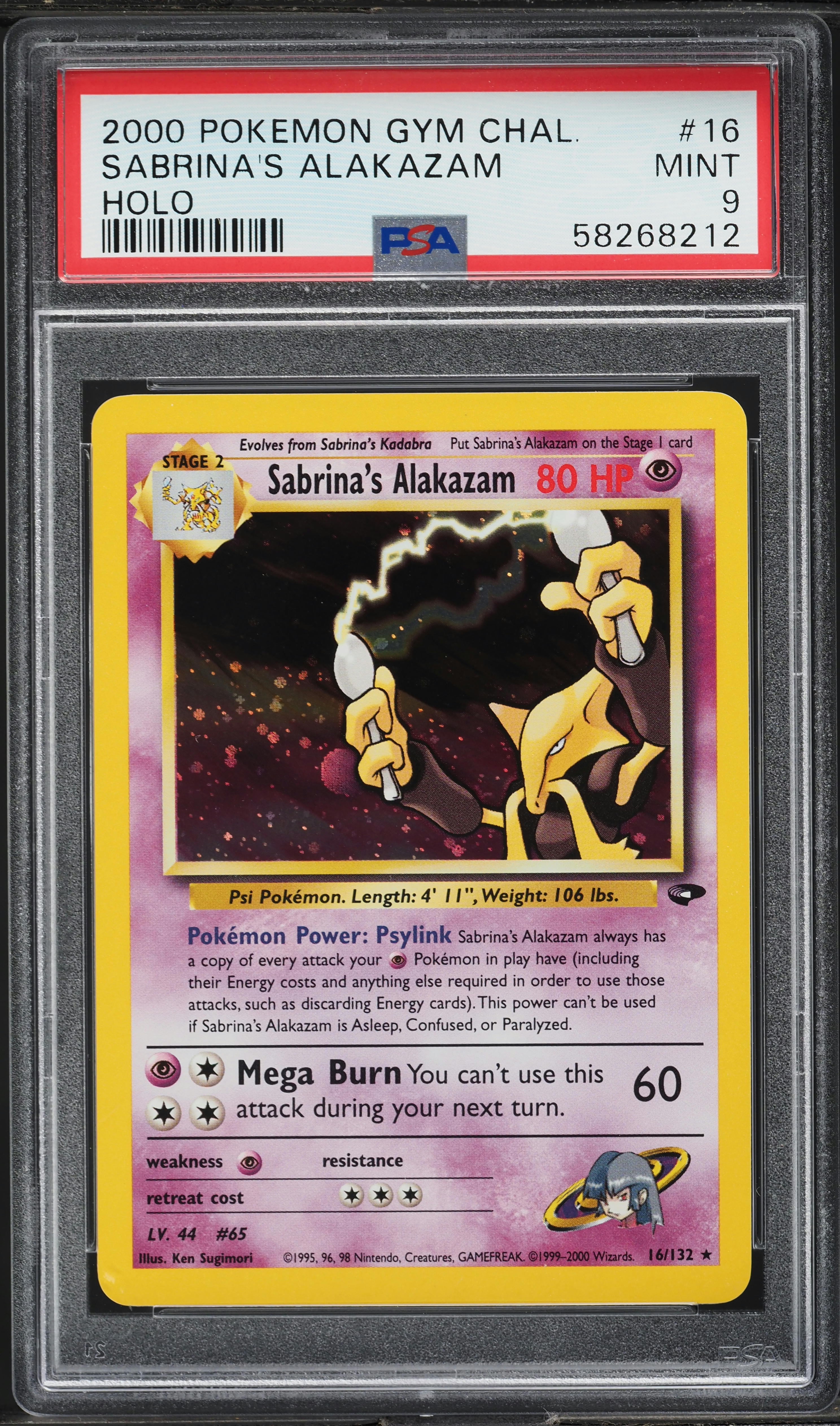 2000 Pokemon Gym Challenge Holo Sabrina's Alakazam #16 PSA 9 MINT