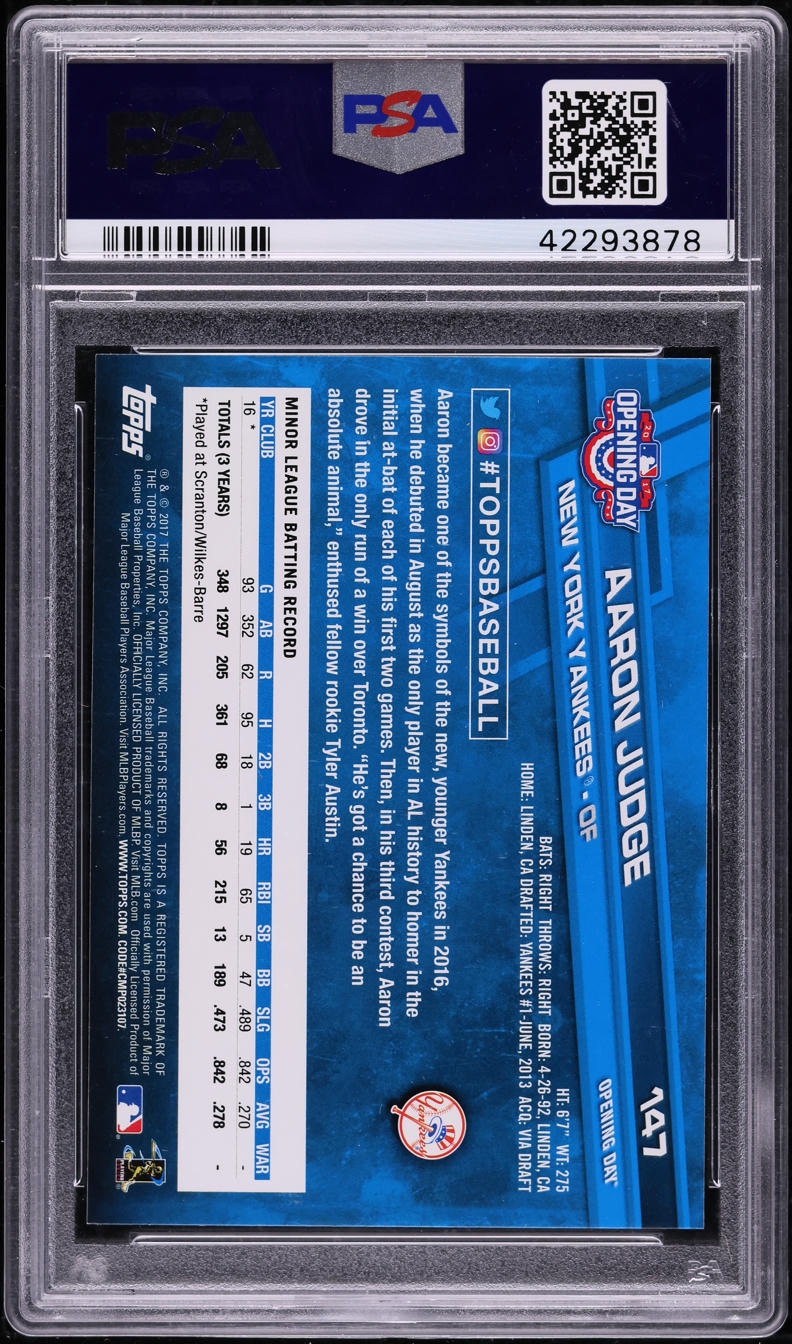 2017 Topps Opening Day With Bat Aaron Judge ROOKIE #147 PSA 10 GEM MINT