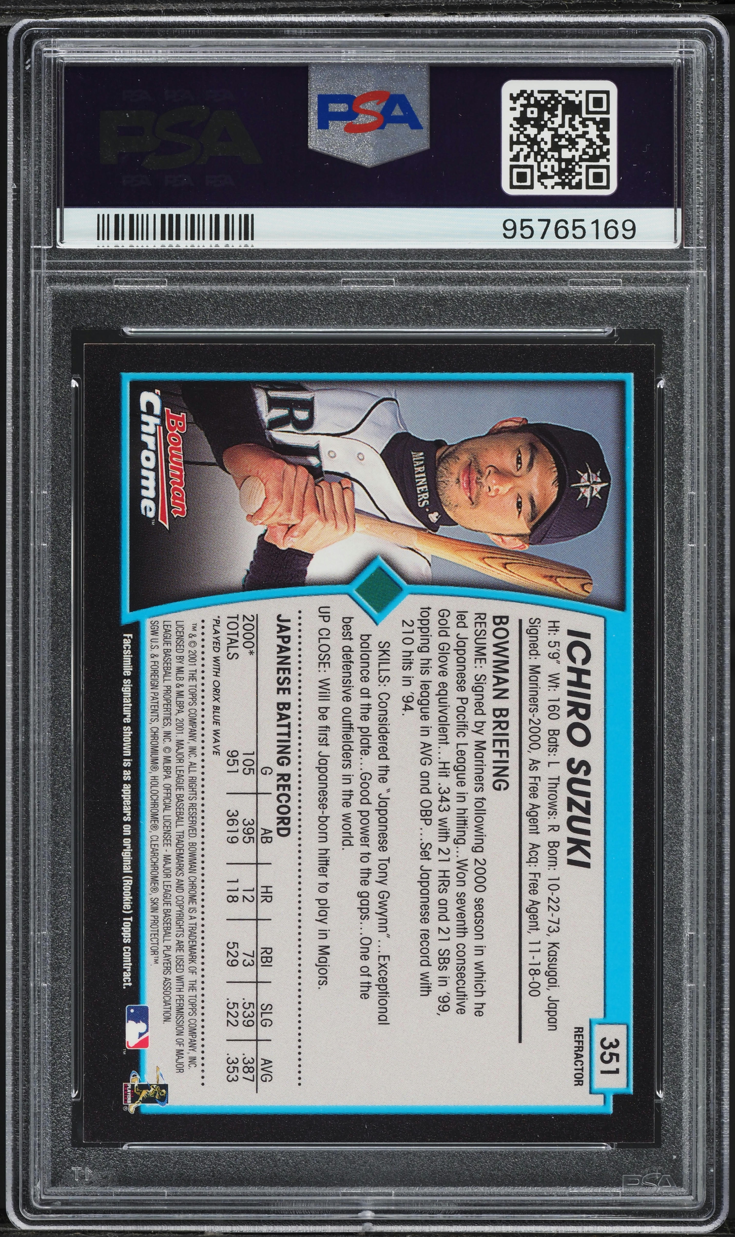 2001 Bowman Chrome Refractor Ichiro Suzuki ROOKIE AUTO DNA 10 #351