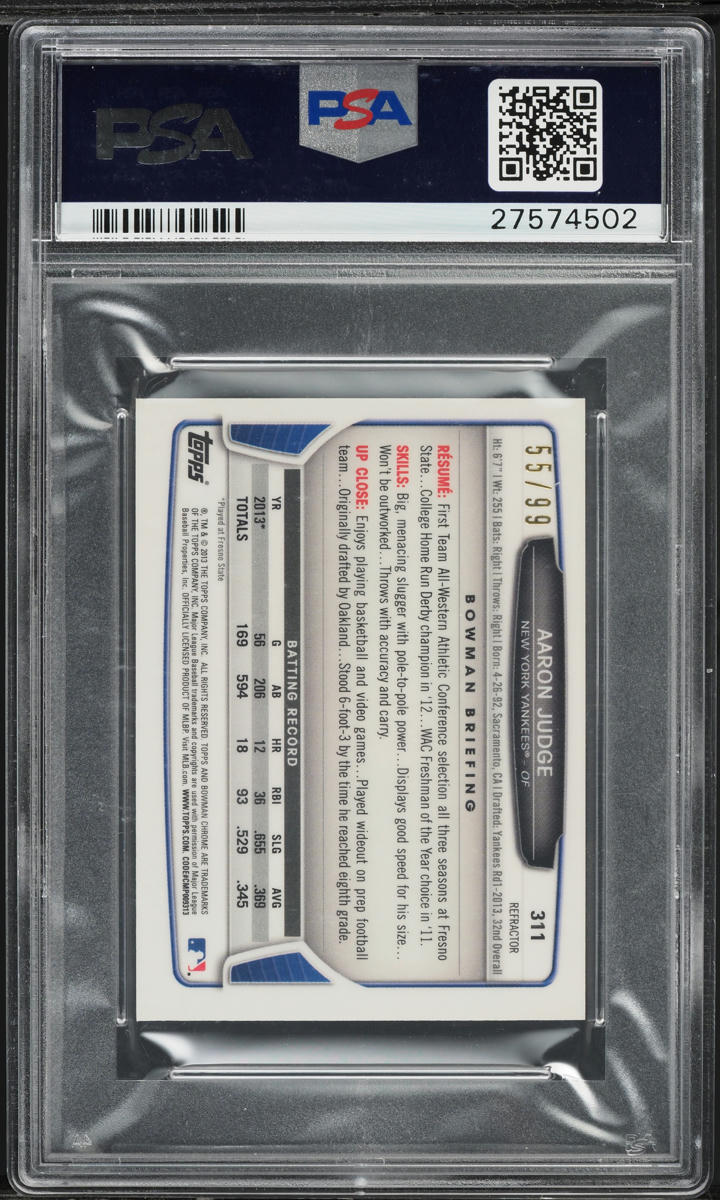 2013 Bowman Chrome Mini Blue Refractor Aaron Judge ROOKIE /99 #311 PSA 9 MINT