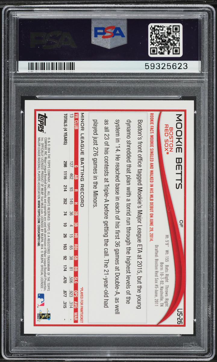 2014 Topps Update Smiling In Dugout Mookie Betts SP ROOKIE #US-26 PSA 9 MINT
