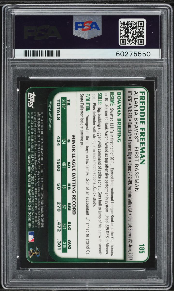 2011 Bowman Chrome Refractor Freddie Freeman ROOKIE #185 PSA 9 MINT
