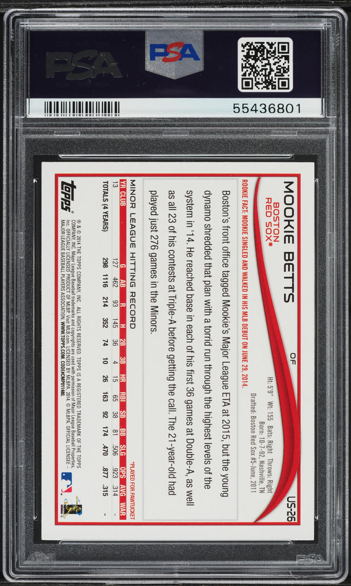2014 Topps Update Red Hot Foil Mookie Betts ROOKIE #US-26 PSA 9