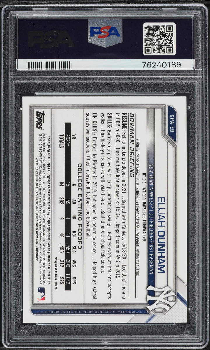 2021 Bowman Chrome Gold Shimmer Elijah Dunham ROOKIE AUTO /50 #CPAED PSA 10 GEM
