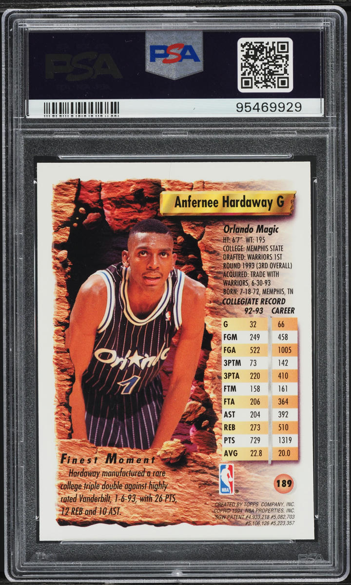 1993 Finest Basketball Anfernee Hardaway ROOKIE #189 PSA 8 NM-MT