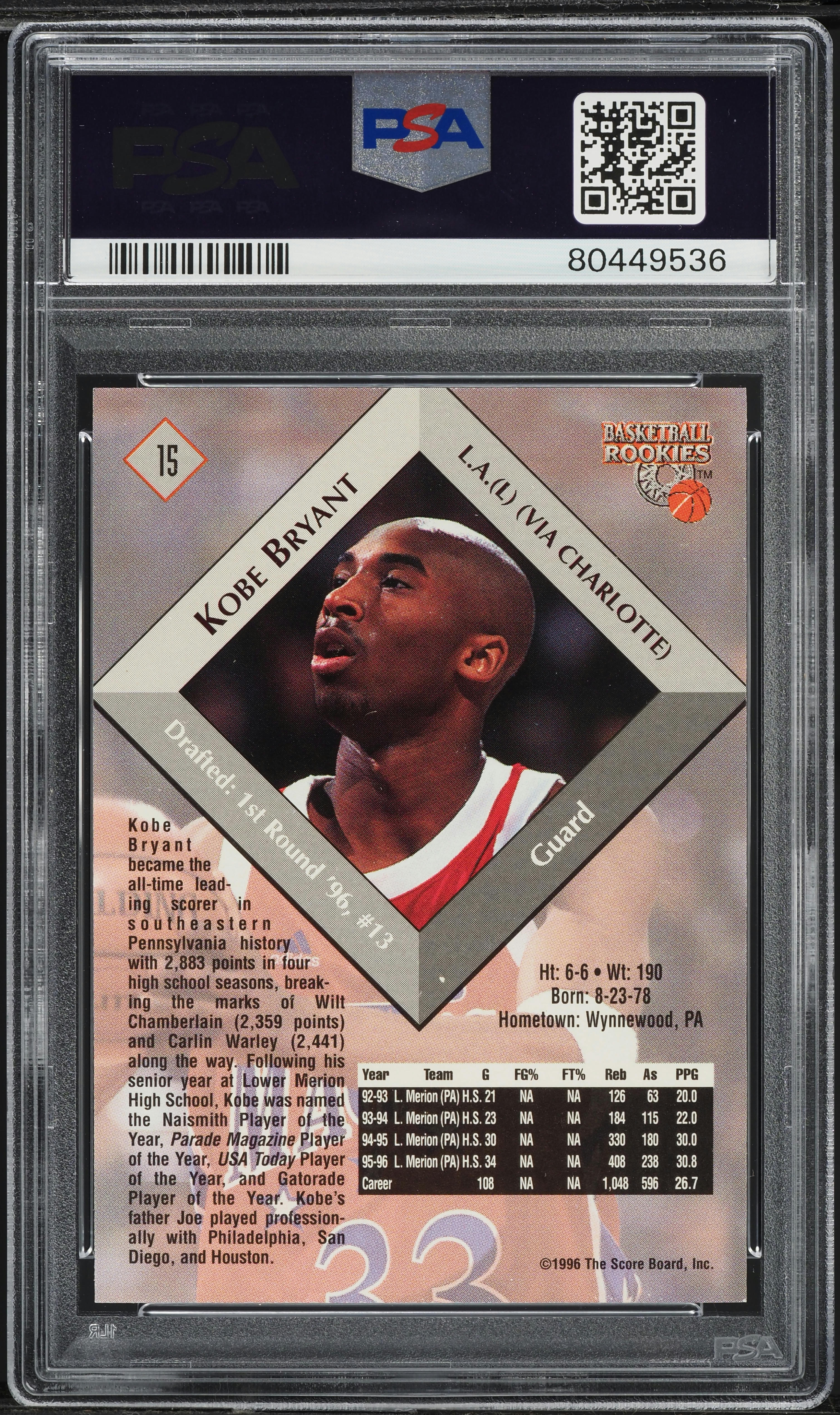 1996 Score Board Basketball Kobe Bryant ROOKIE #15 PSA 9 MINT on