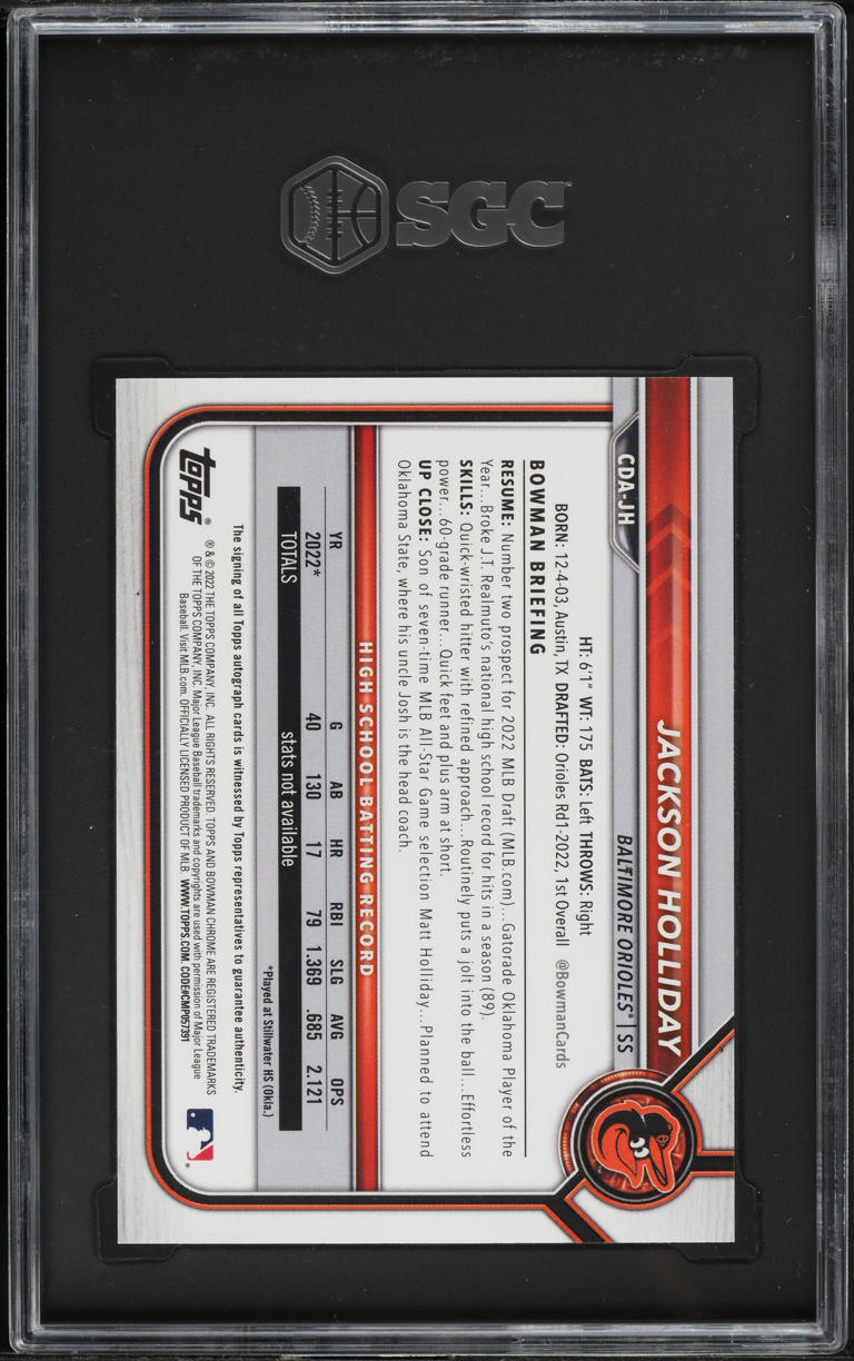2022 Bowman Chrome Gold Refractor Jackson Holliday ROOKIE AUTO /50 SGC 9.5 MINT+