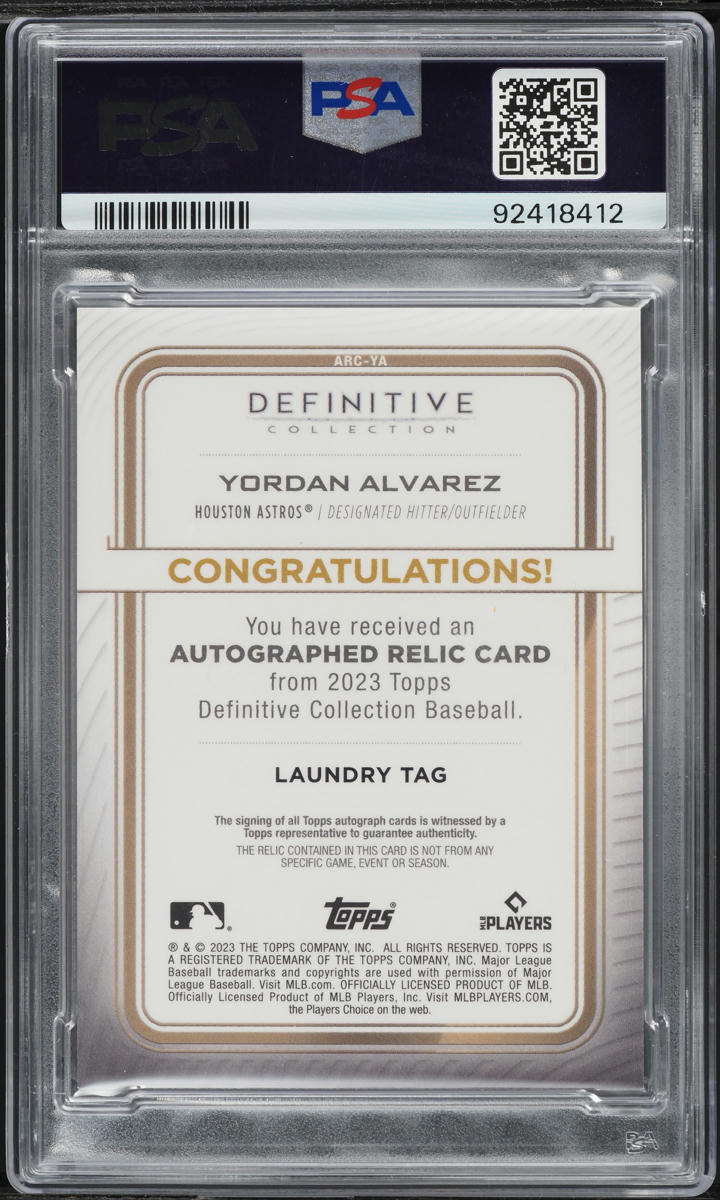 2023 Topps Definitive Collection Red Tag Yordan Alvarez TAG PATCH AUTO 1/1 PSA 9