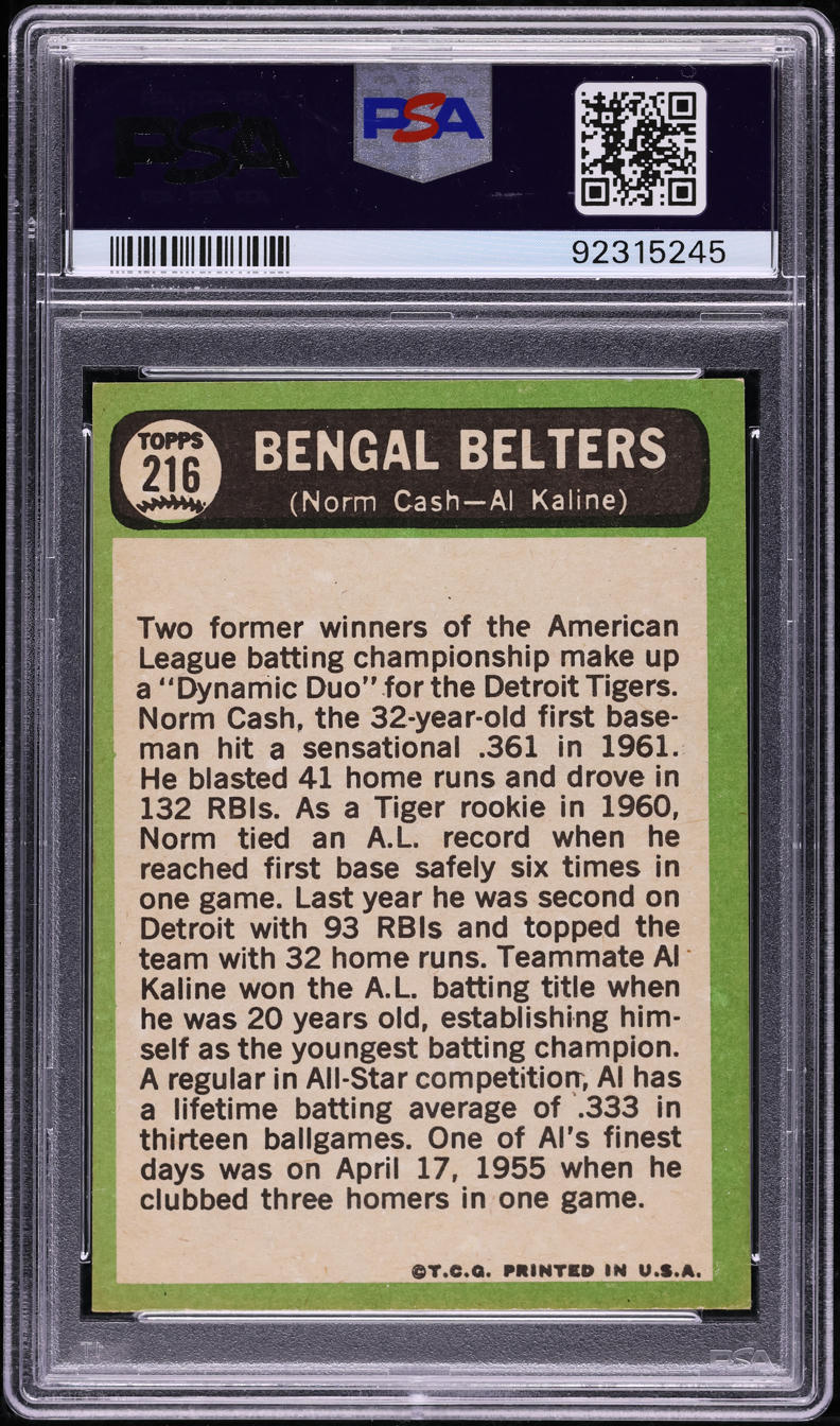1967 Topps Al Kaline & Norm Cash BENGAL BELTERS #216 PSA 7 NRMT
