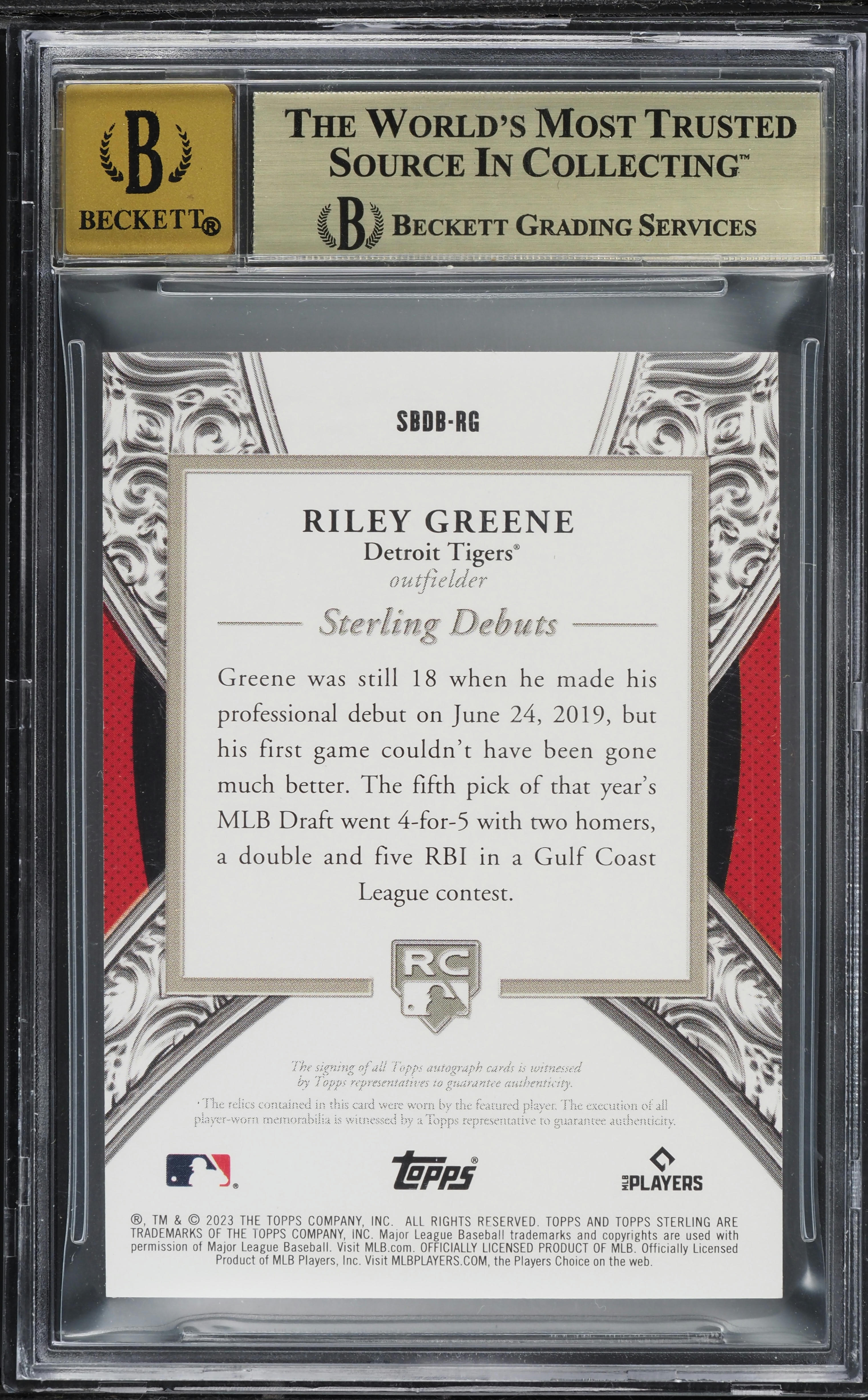 2023 Topps Sterling Debut Relics Riley Greene ROOKIE PATCH AUTO 