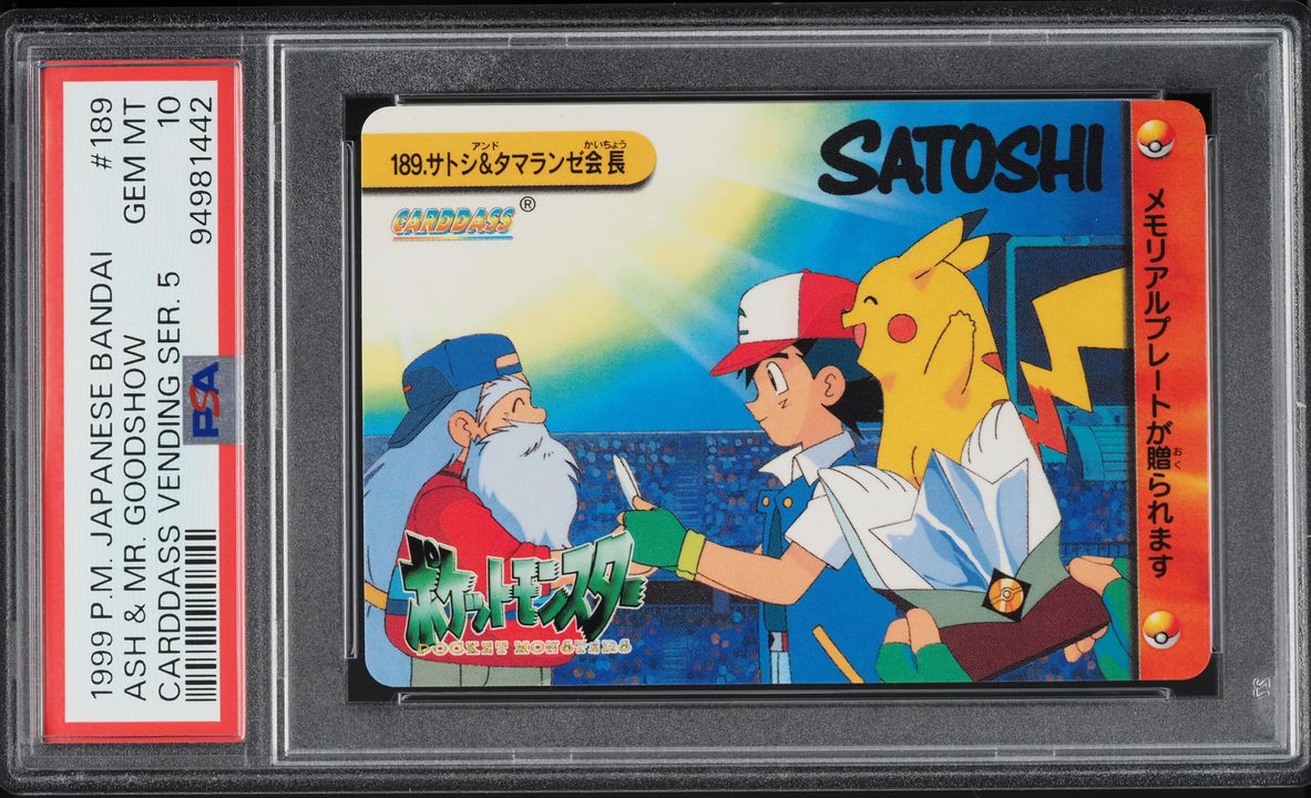 1999 Pokemon Japanese Bandai Carddass Vending 5 Ash & Mr. Goodshow #189 PSA 10