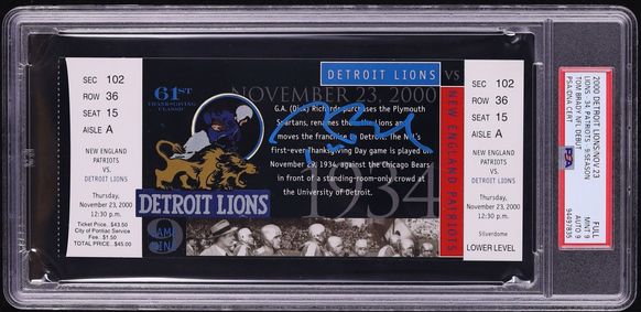 2000 Detroit Lions Ticket Full Tom Brady NFL Debut AUTO DNA 9 #FULL PSA 9 MINT