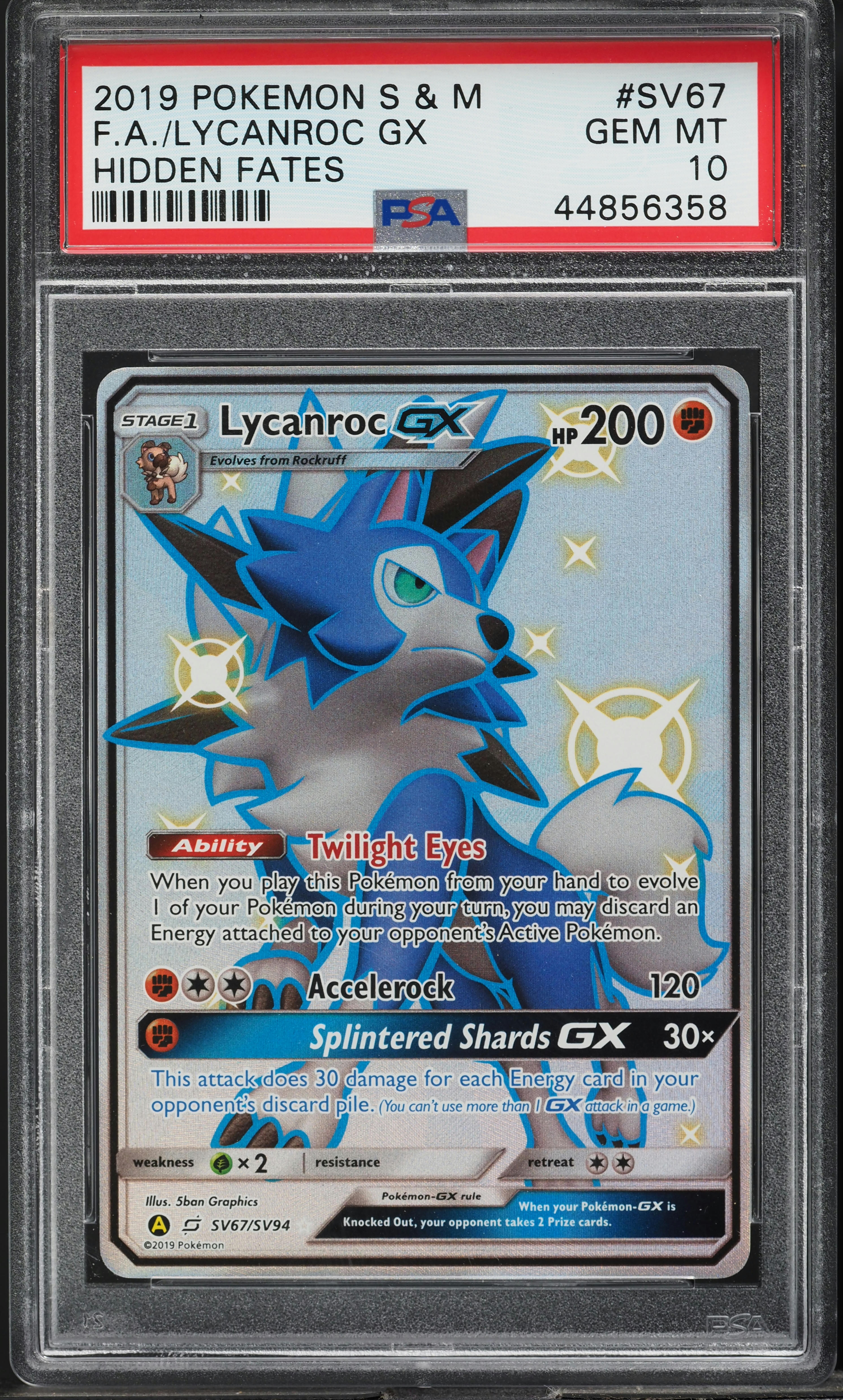 2019 Pokemon SM Hidden Fates Full Art Shiny Lycanroc GX #SV67 PSA