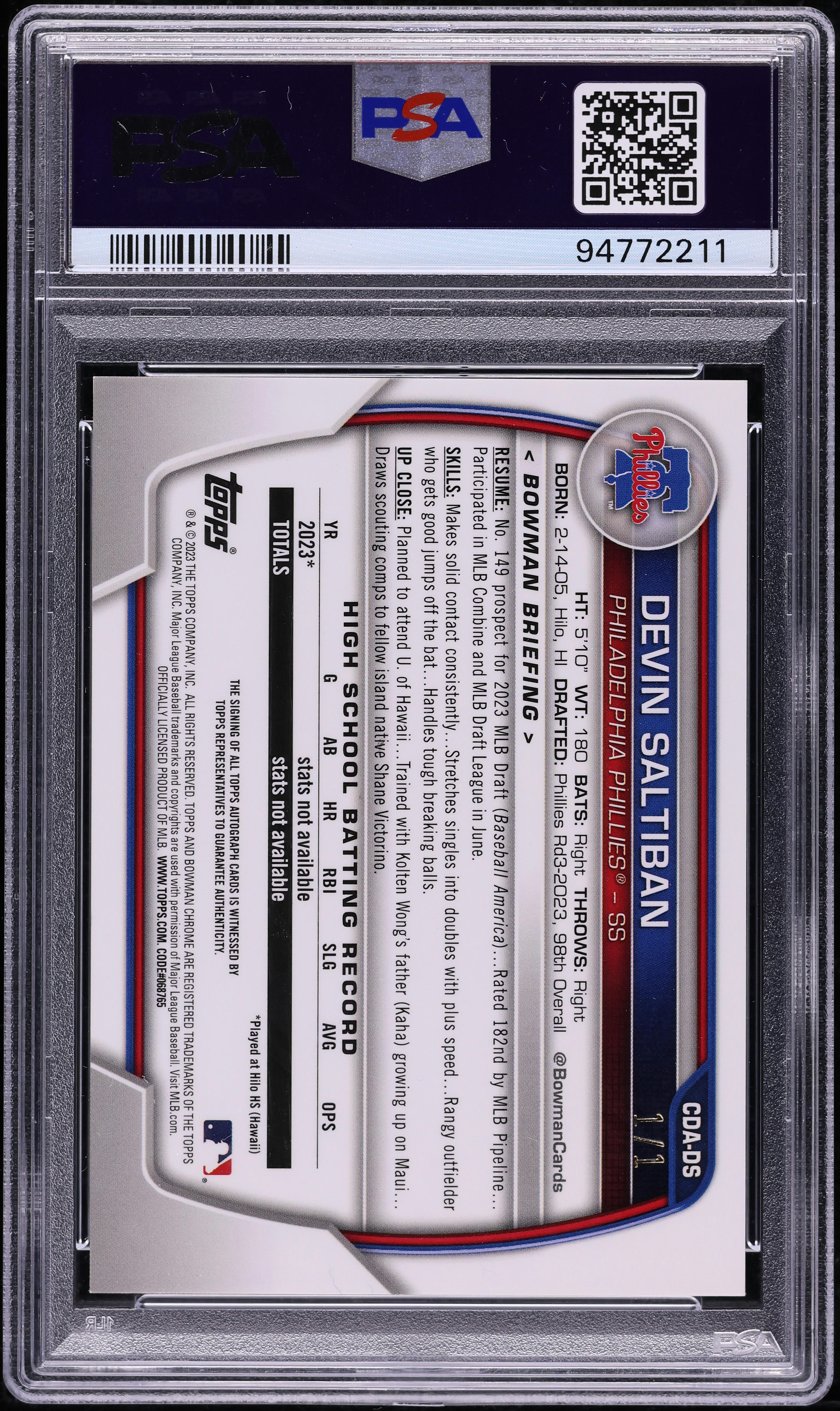 2023 Bowman Chrome Draft Superfractor Devin Saltiban ROOKIE AUTO 1 