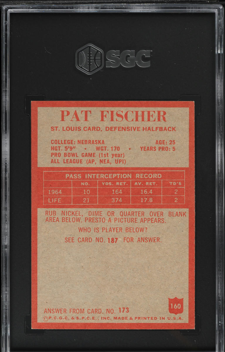 1965 Philadelphia Pat Fischer #160 SGC 8 NM-MT