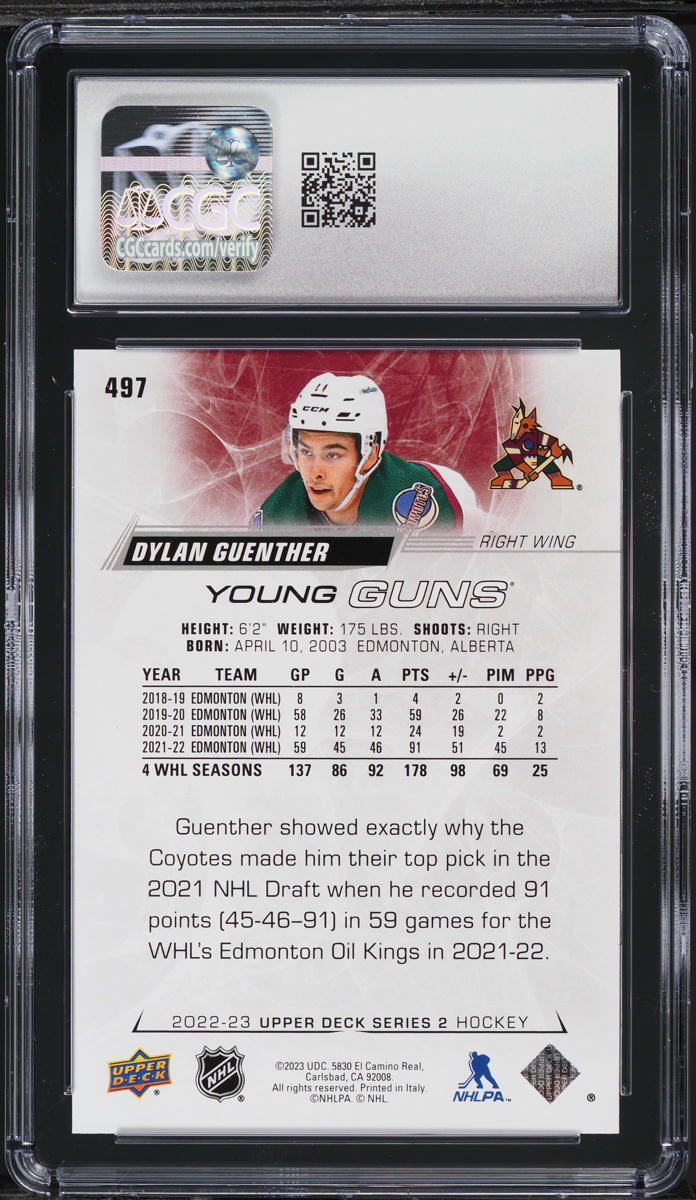 2022-23 Upper Deck Young Guns Dylan Guenther ROOKIE #497 CGC 10 GEM MINT