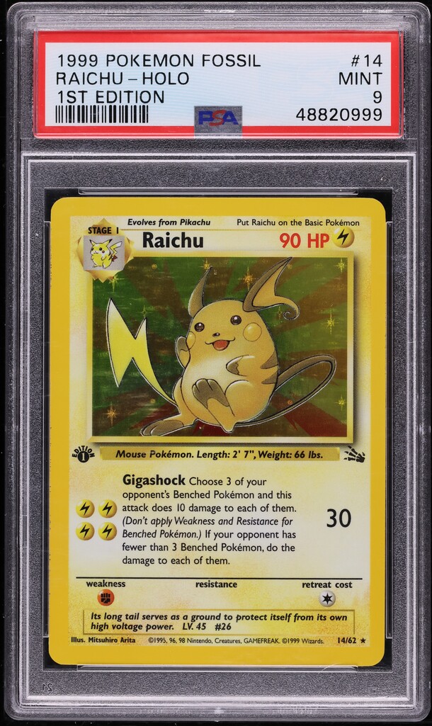 1999 Pokemon Fossil 1st Edition Holo Raichu #14 PSA 9 MINT