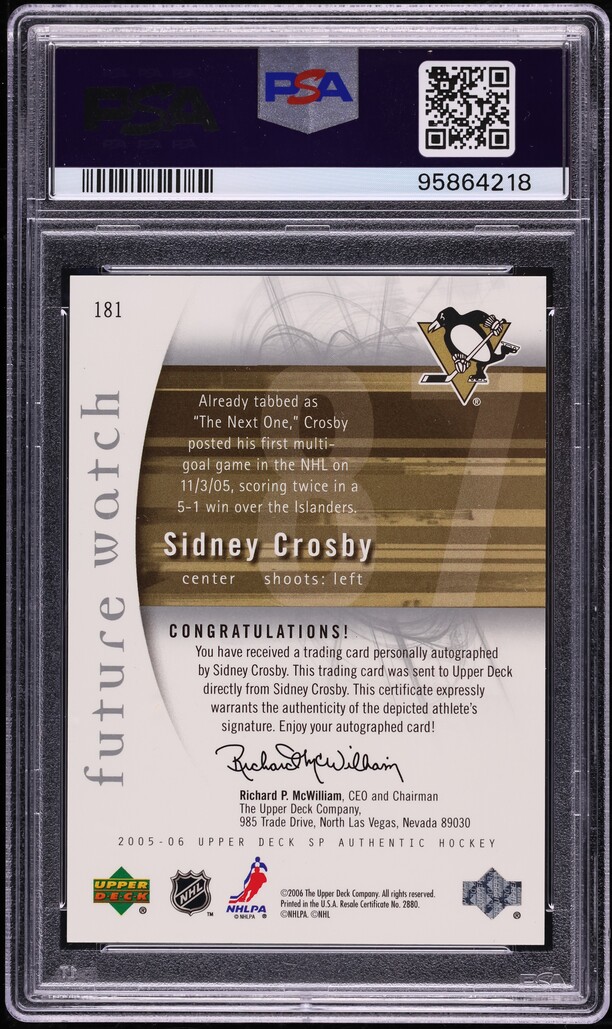 2005 SP Authentic Future Watch Sidney Crosby ROOKIE AUTO /999 #181 PSA 9 MINT