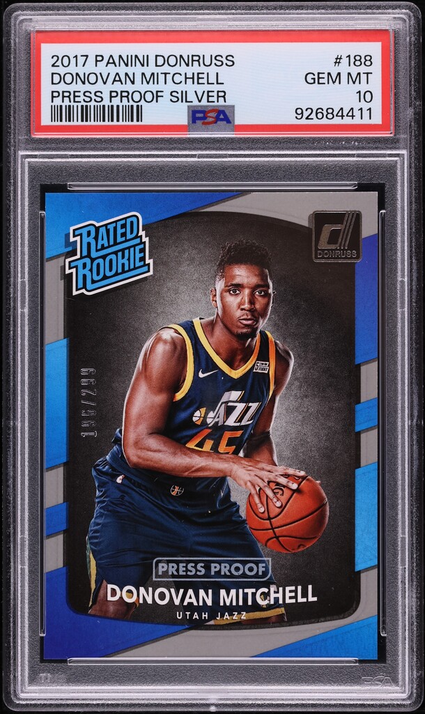 2017 Donruss Press Proof Silver Donovan Mitchell ROOKIE /299 #188 PSA 10 GEM