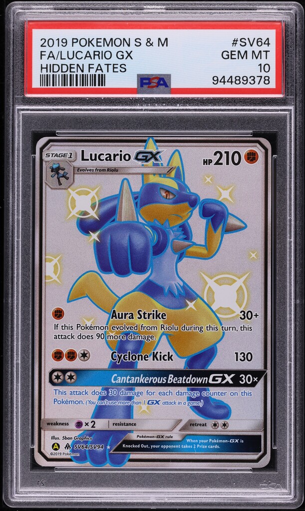 shiny lucario pokemon card GX Hidden Fates SV64/SV94 PSA 10  TBC Games but overall look nearly unplayed with no major defects Lucario ex - Shining Revelry
