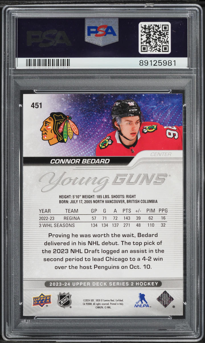 2023 Upper Deck Young Guns Connor Bedard ROOKIE #451 PSA 10 GEM MINT