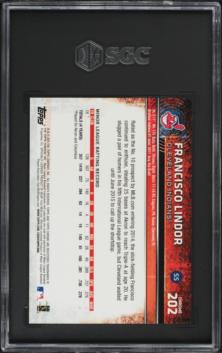 2015 Topps Chrome Francisco Lindor ROOKIE #202 SGC 10 GEM MINT