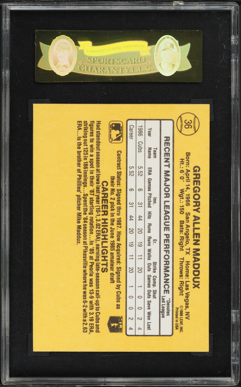 1987 Donruss Greg Maddux ROOKIE #36 SGC 7.5 NRMT+