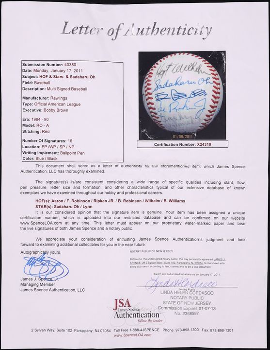 Multi Signed (16) Baseball w/ Hank Aaron Cal Ripken Jr. Sadaharu Oh - JSA LOA