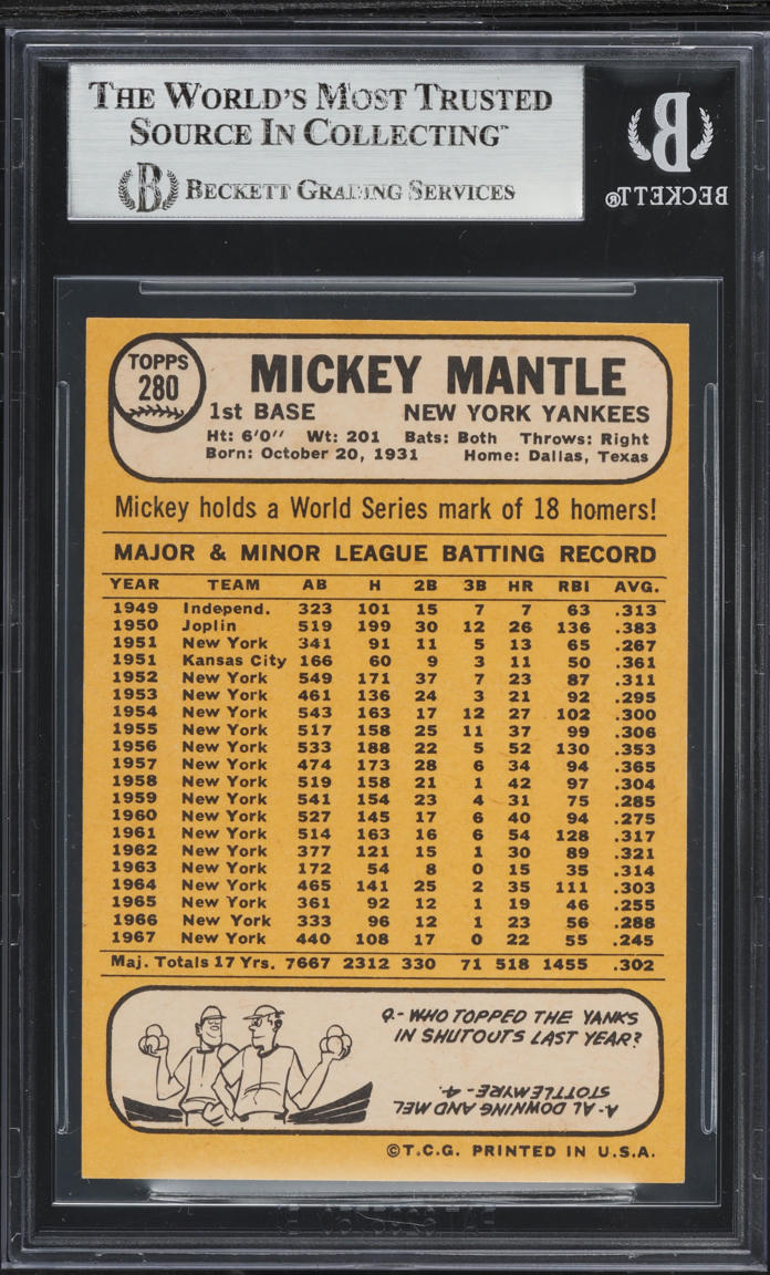 1968 Topps Mickey Mantle #280 BGS 8 NM-MT