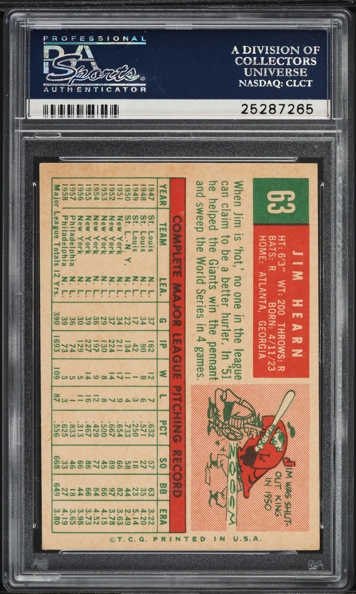 1959 Topps Jim Hearn WHITE BACK #63 PSA 8 NM-MT