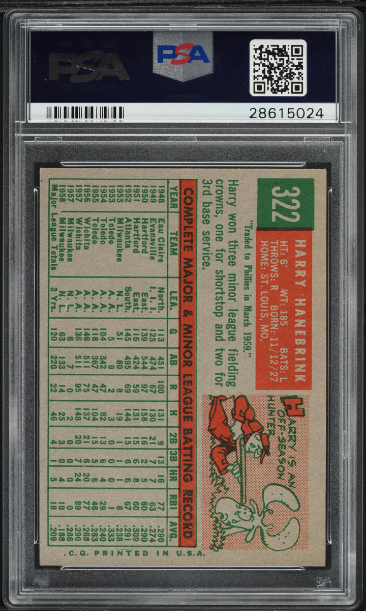 1959 Topps Harry Hanebrink WITH TRADE STATEMENT #322 PSA 8 NM-MT