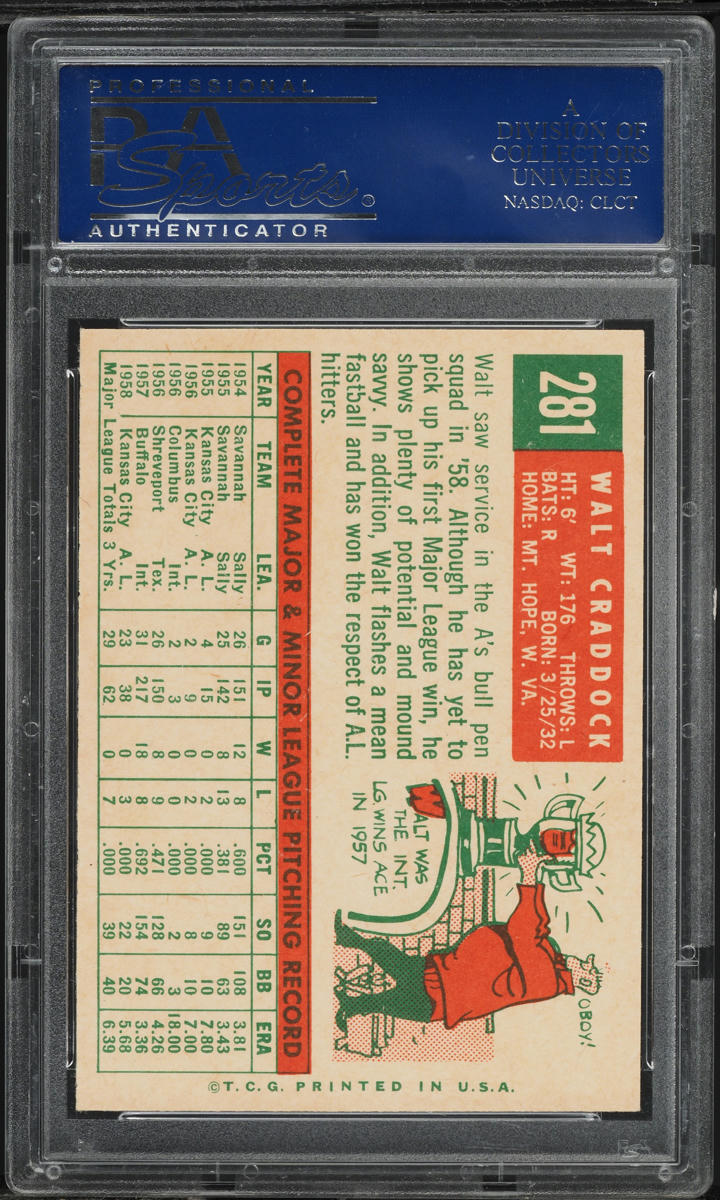 1959 Topps Walt Craddock WHITE BACK #281 PSA 8 NM-MT