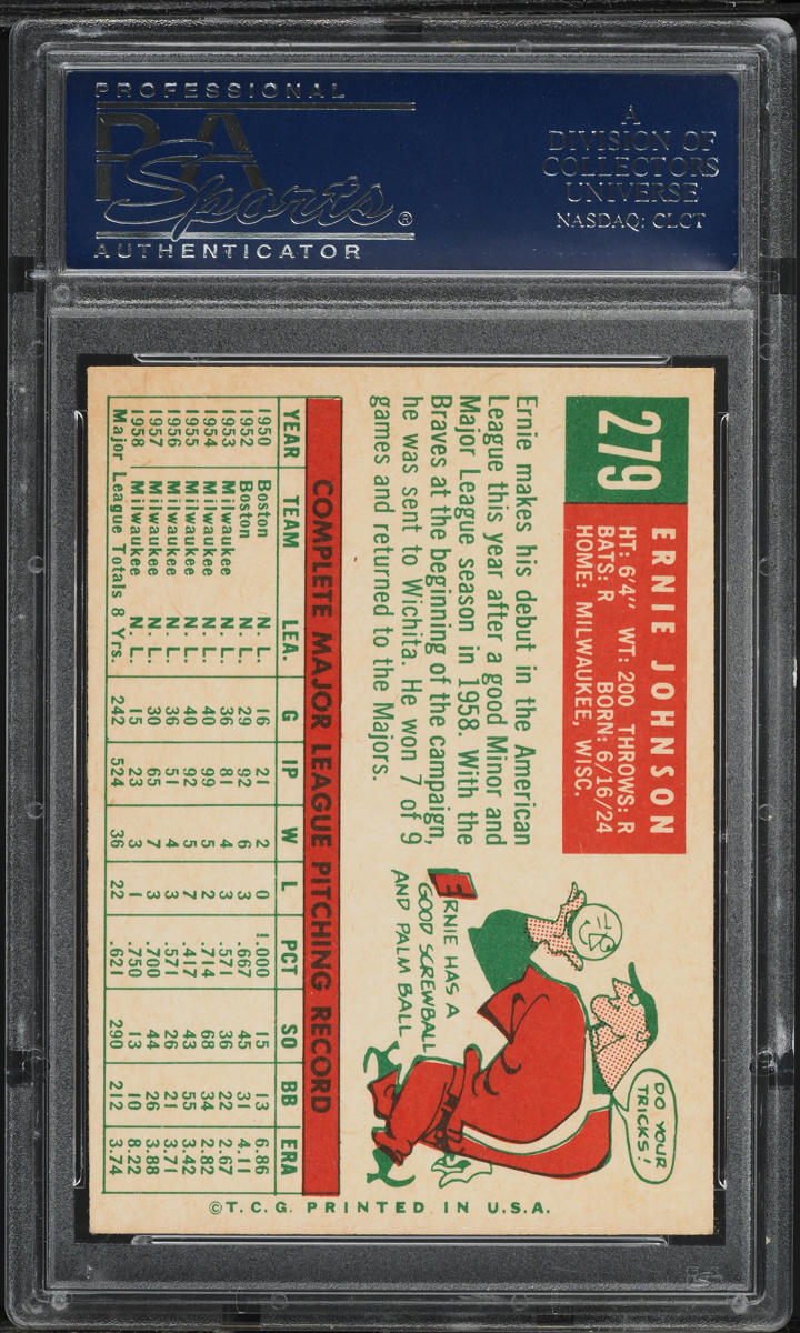 1959 Topps Ernie Johnson WHITE BACK #279 PSA 8 NM-MT