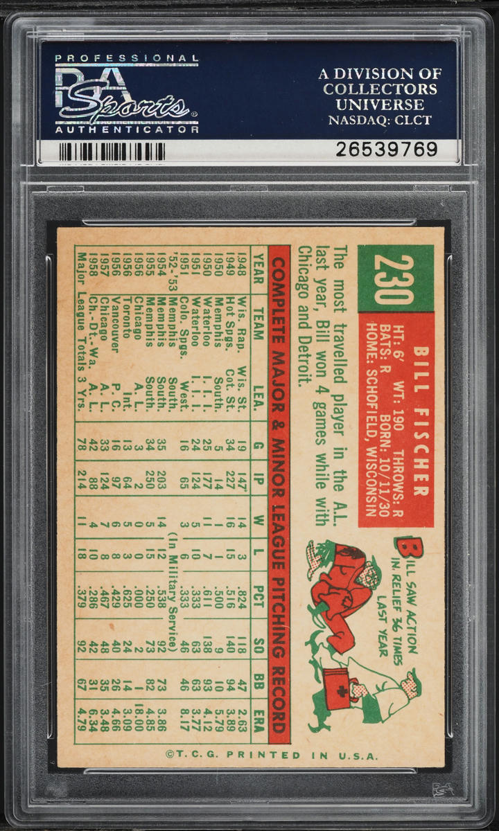 1959 Topps Bill Fischer WHITE BACK #230 PSA 8 NM-MT