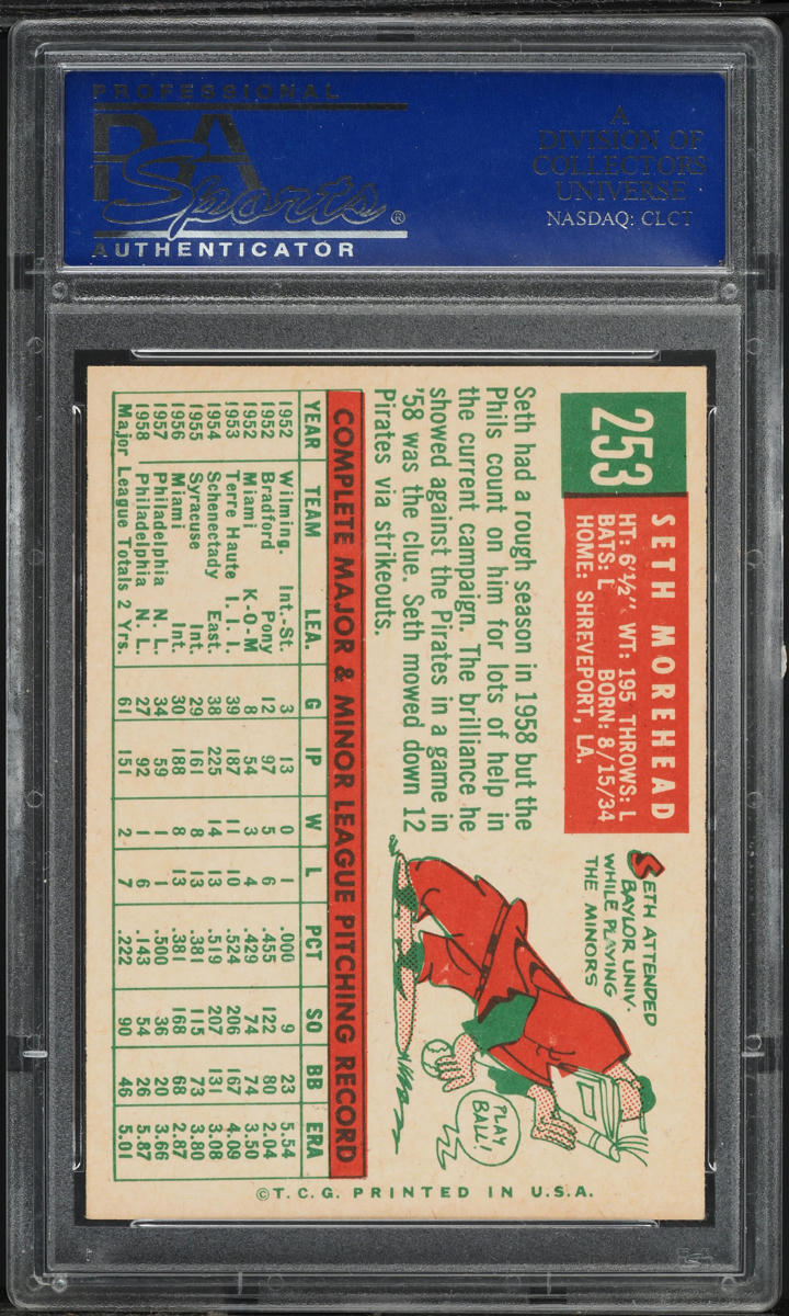 1959 Topps Seth Morehead WHITE BACK #253 PSA 8 NM-MT