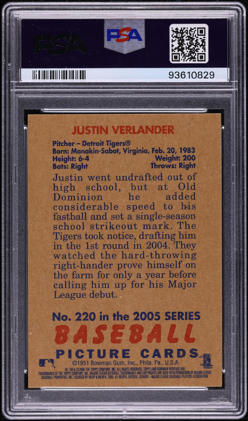 2005 Bowman Heritage Justin Verlander ROOKIE #220 PSA 10 GEM MINT