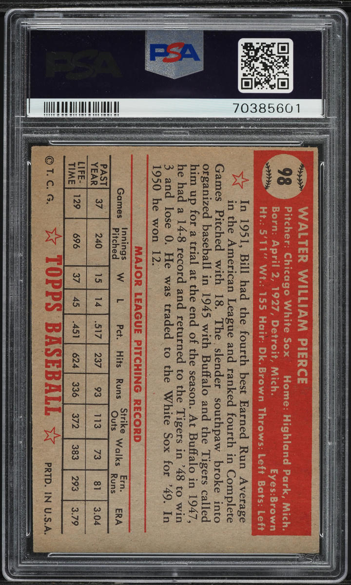 1952 Topps Billy Pierce #98 PSA 4 VGEX