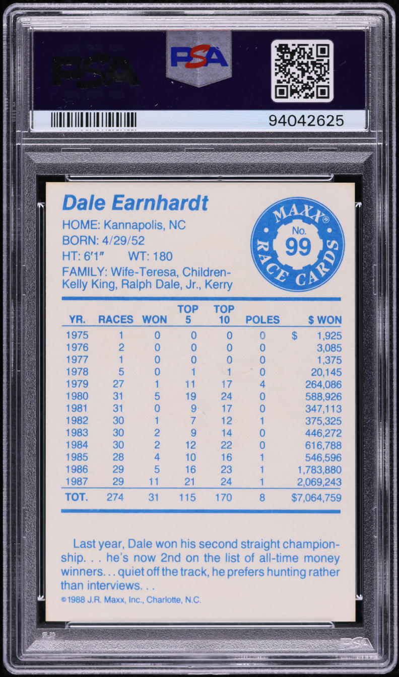1988 Maxx Charlotte NASCAR Promo Dale Earnhardt ROOKIE #99 PSA 10 GEM MINT