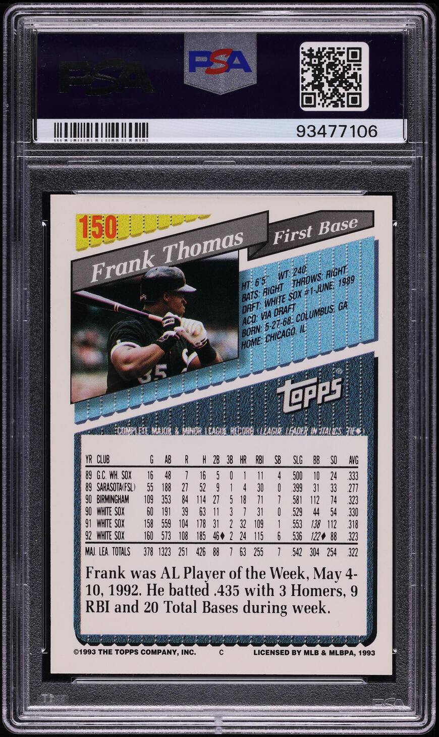 1993 Topps Gold Frank Thomas #150 PSA 10 GEM MINT
