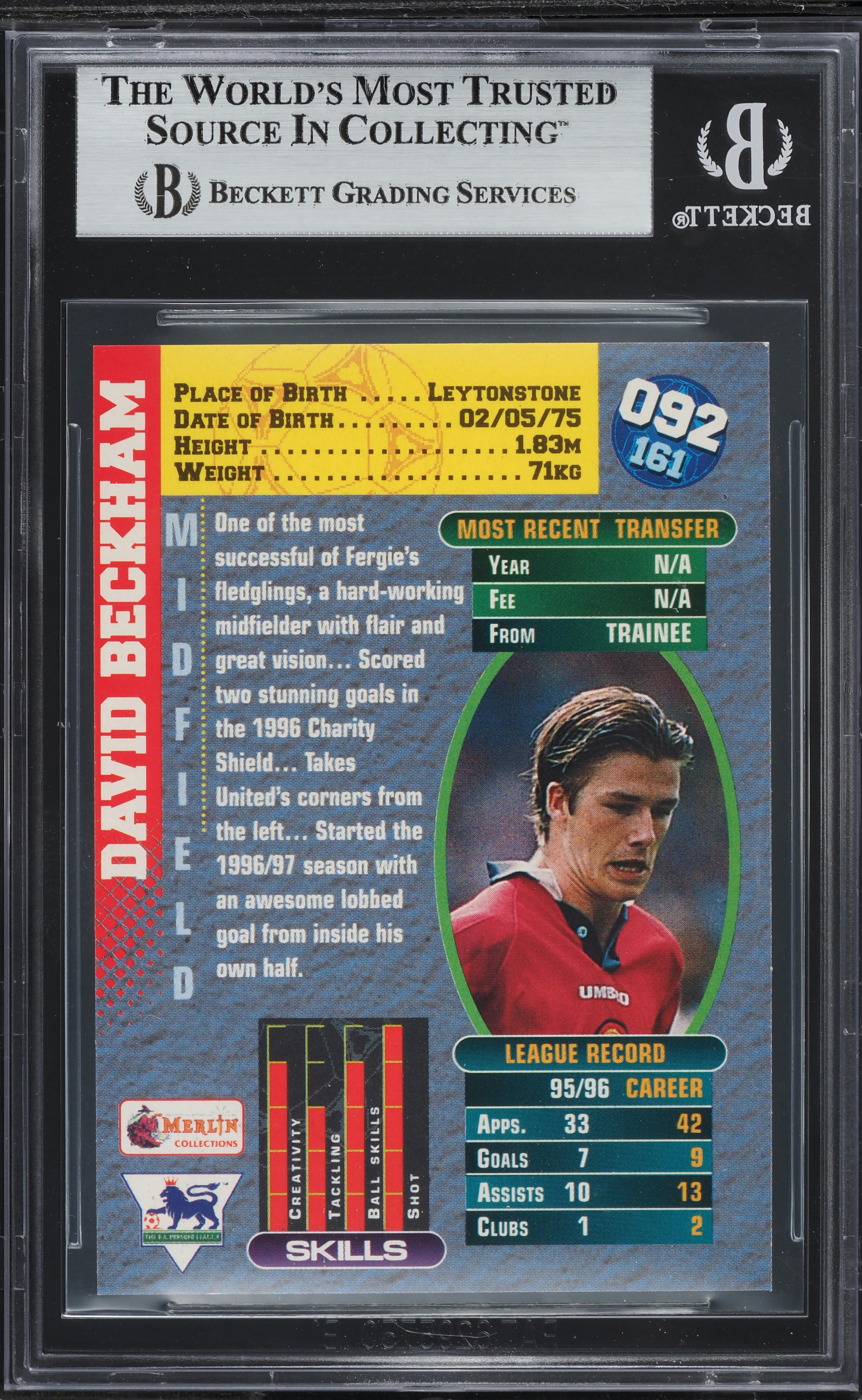 1996 Merlin Premier Gold England David Beckham ROOKIE #92 BGS 8 NM