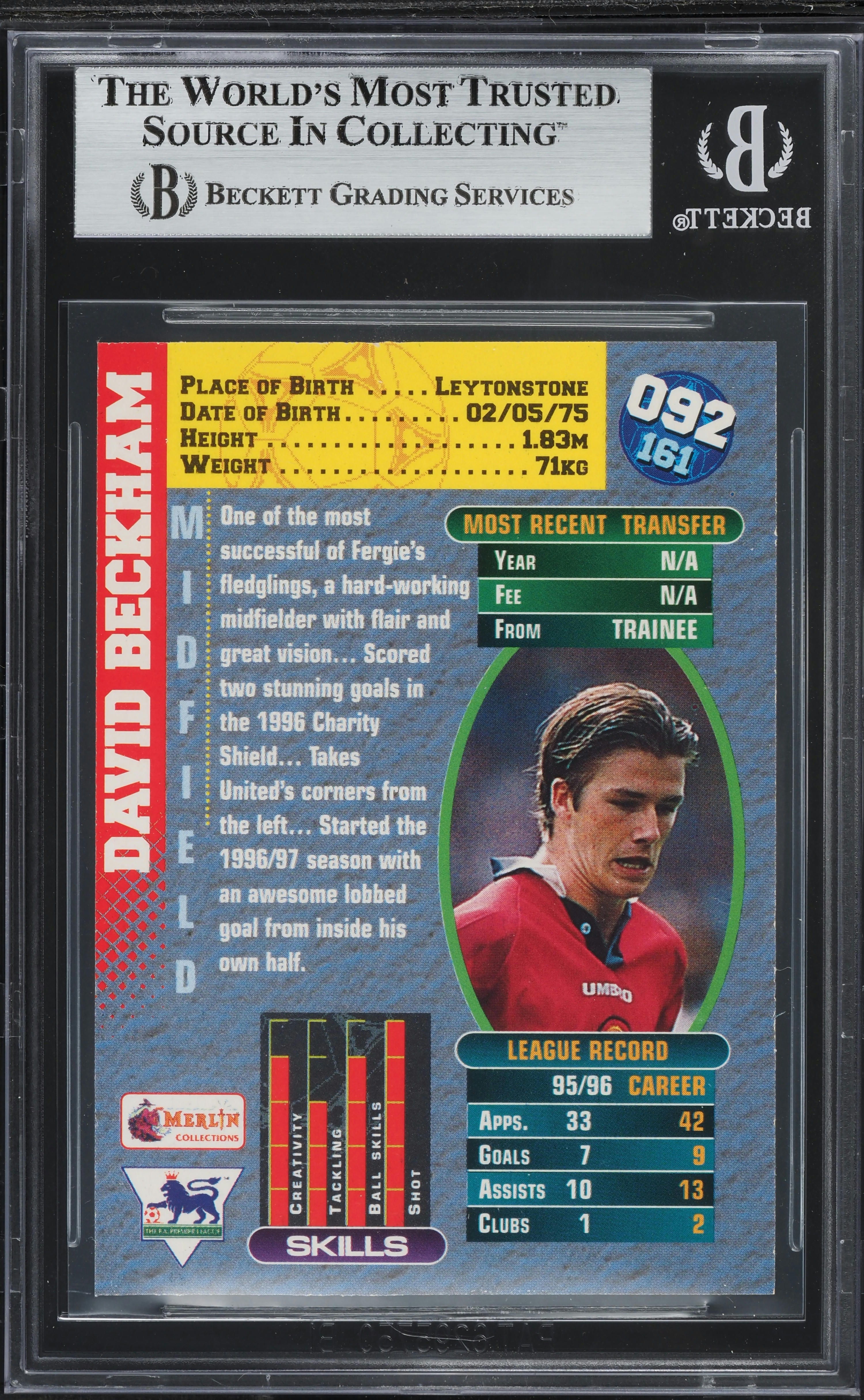 1996 Merlin Premier Gold England David Beckham ROOKIE #92 BGS 8 NM