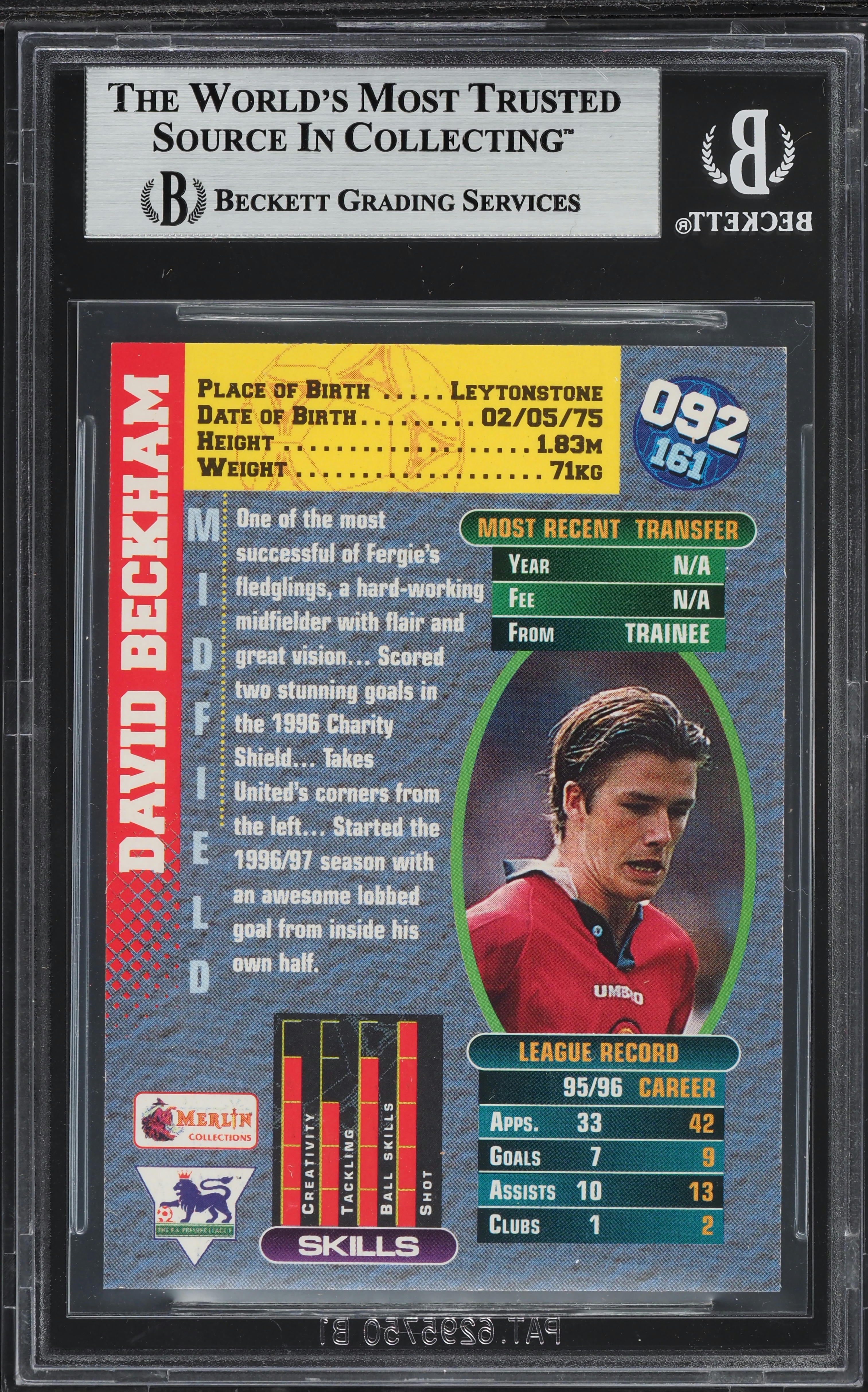 1996 Merlin Premier Gold England David Beckham ROOKIE #92 BGS 8 NM