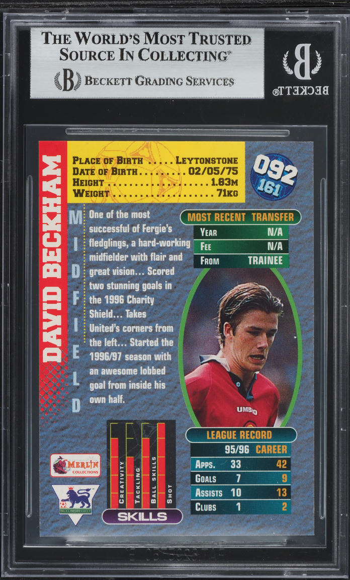 1996 Merlin Premier Gold England David Beckham ROOKIE #92 BGS 5 EX