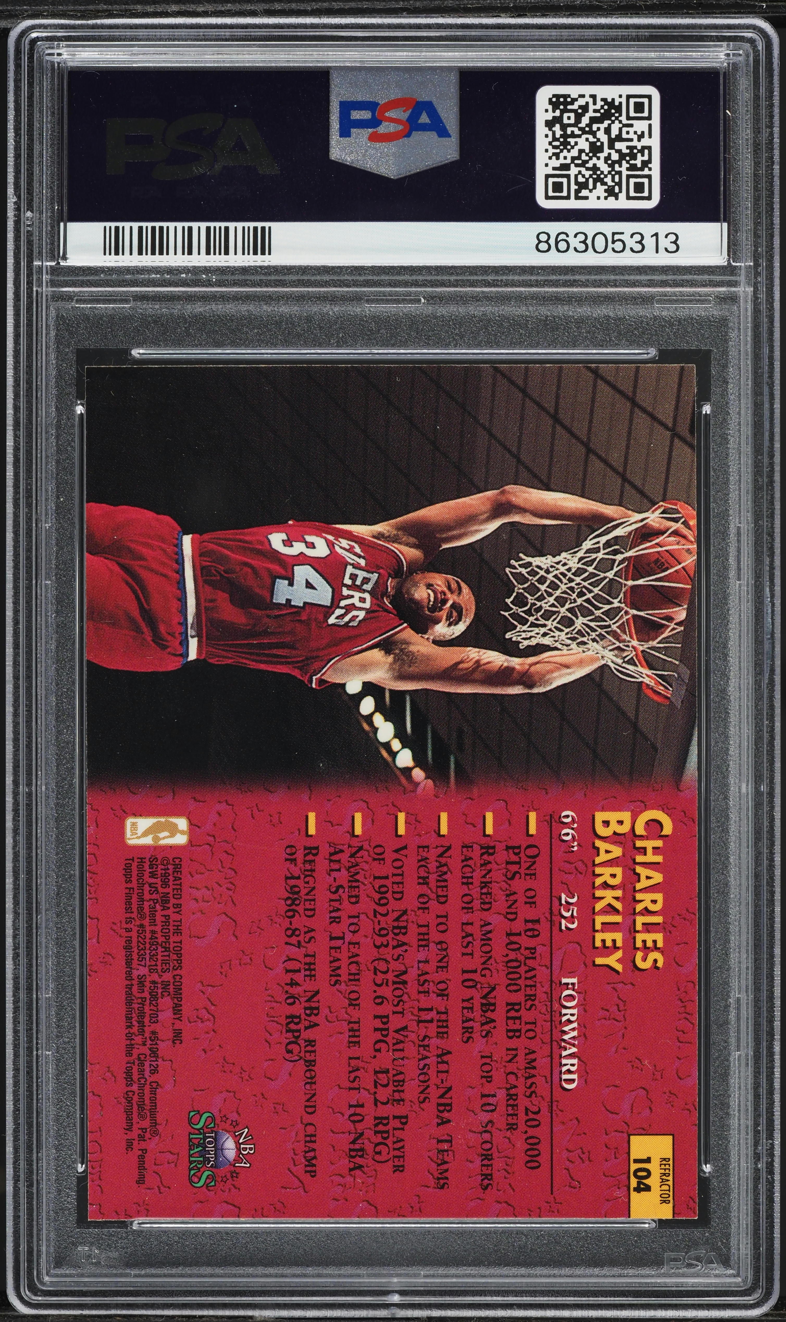1996 Topps NBA Stars Finest Refractor Charles Barkley #104 PSA 10 