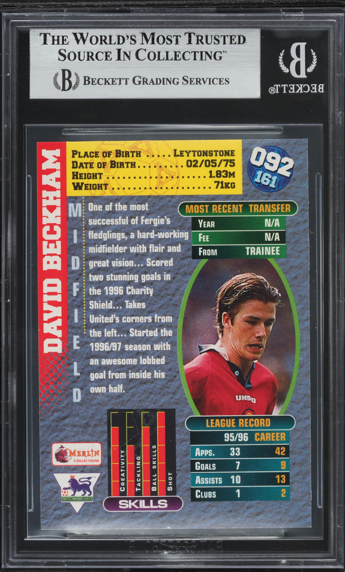 1996 Merlin Premier Gold England David Beckham ROOKIE #92 BGS 9 MINT