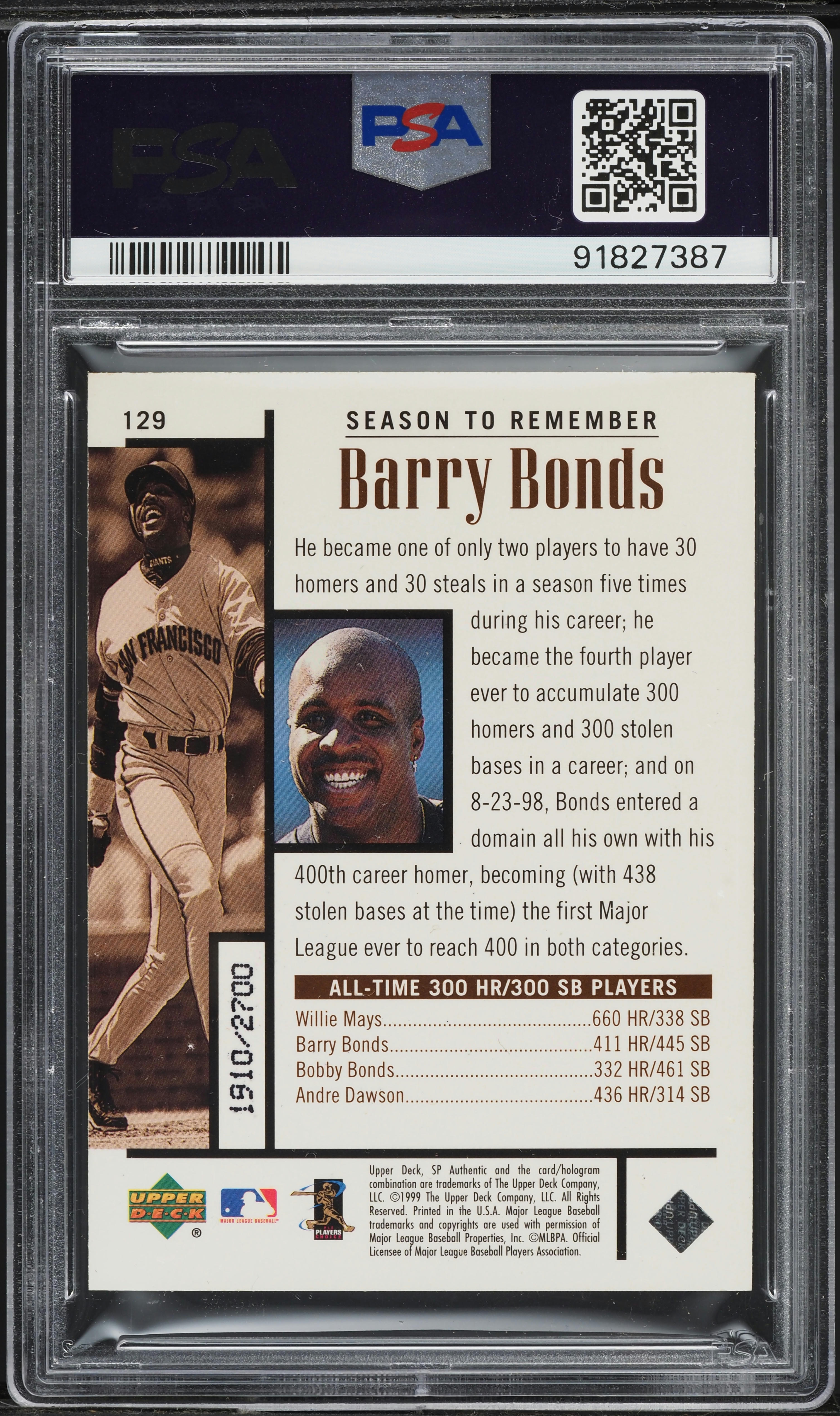 1999 SP Authentic Barry Bonds /2700 #129 PSA 10 GEM MINT on