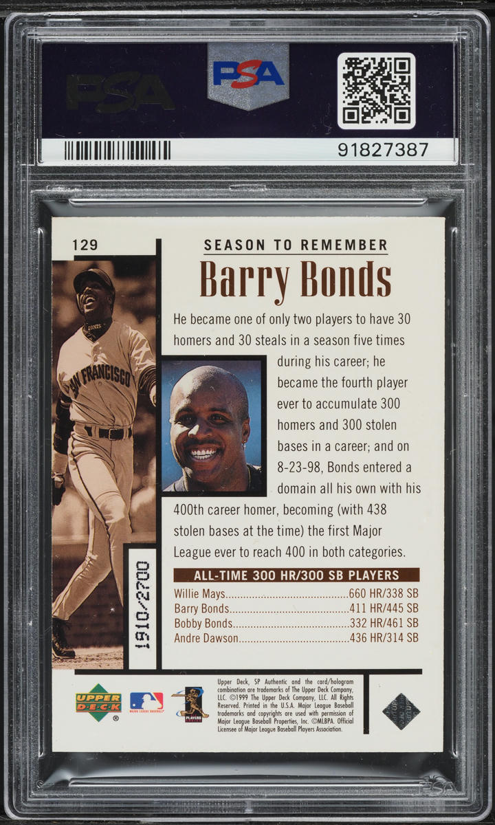 1999 SP Authentic Barry Bonds /2700 #129 PSA 10 GEM MINT
